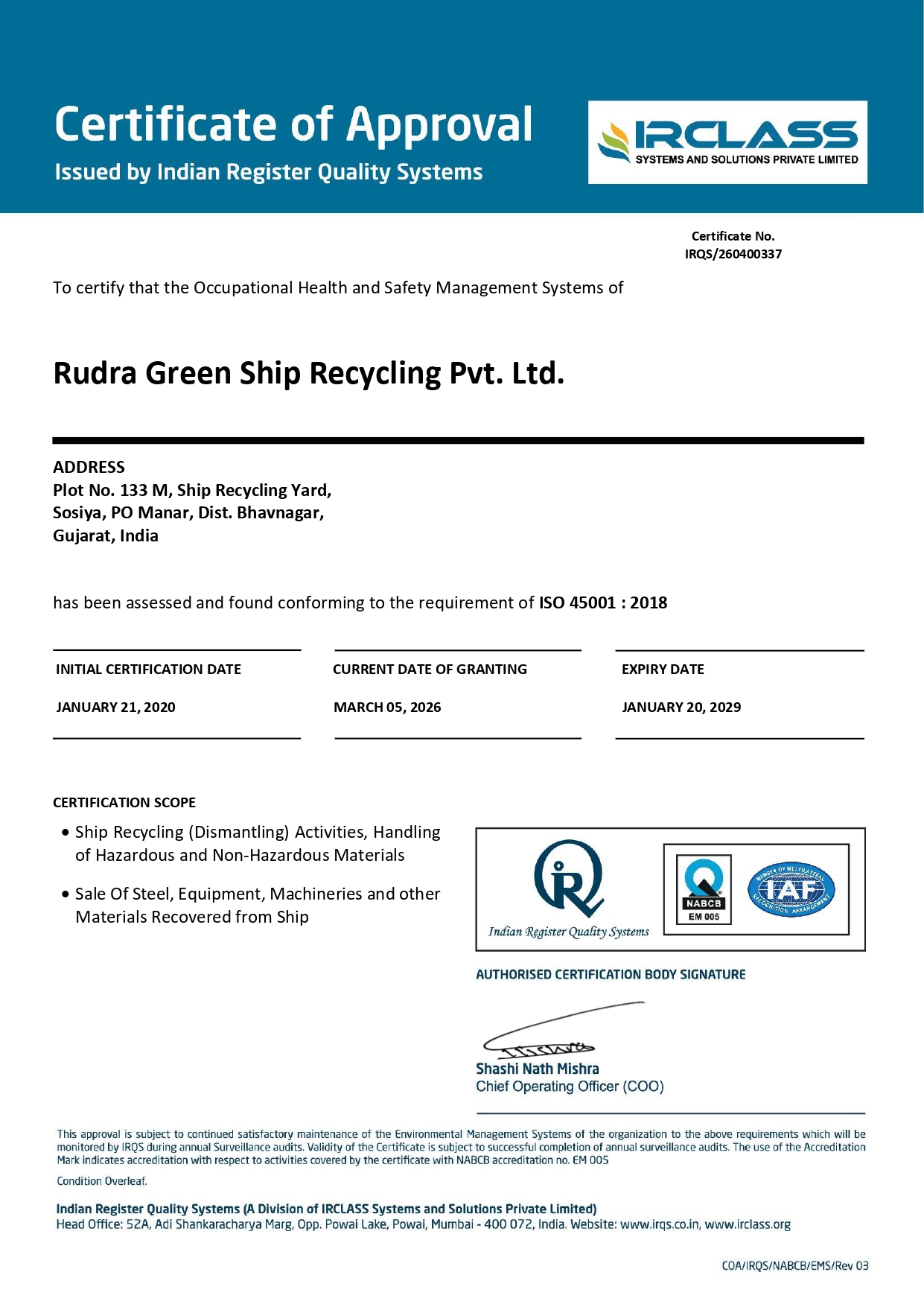ISO 45001 certificate preview