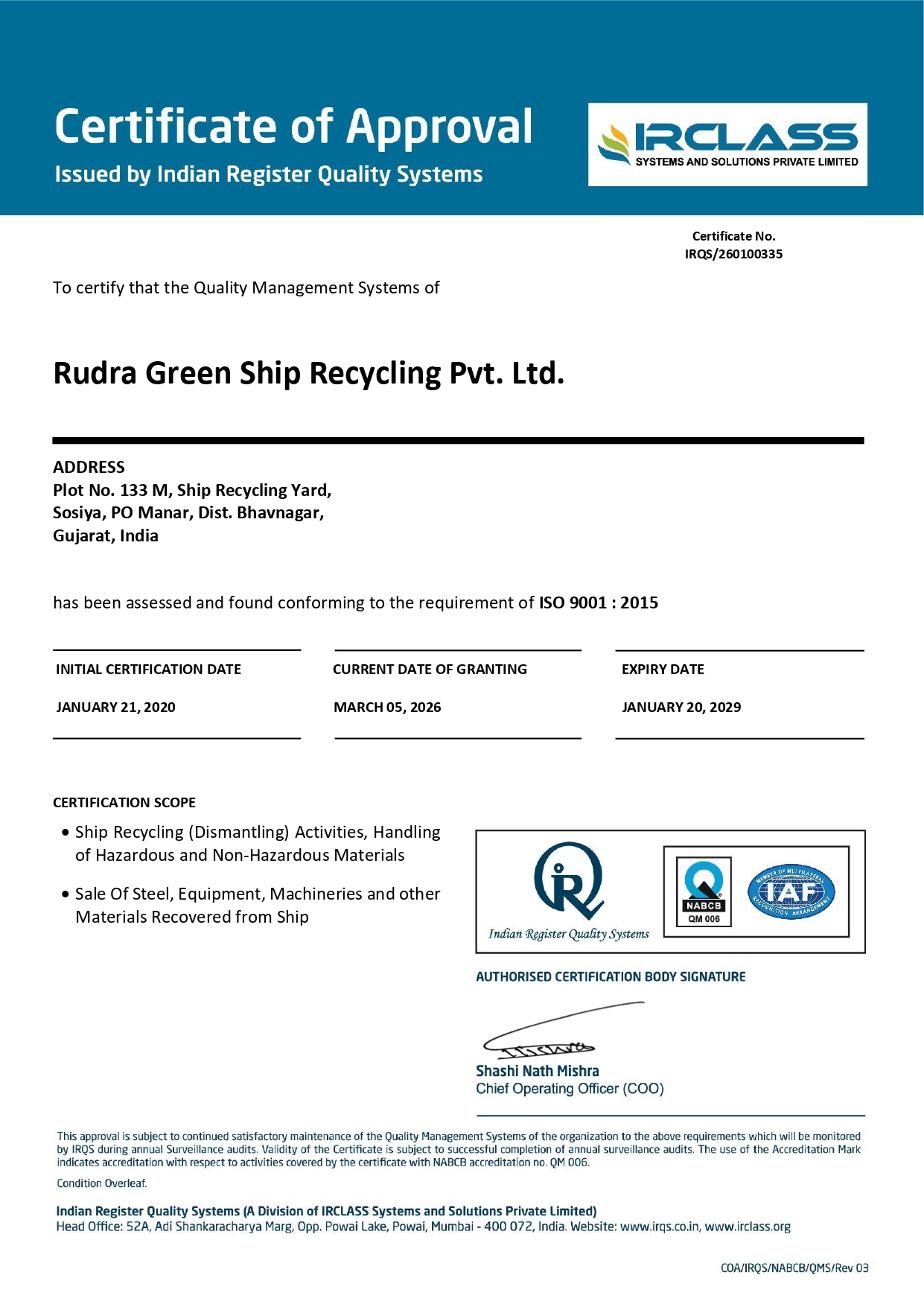 ISO 9001:2015 certificate preview
